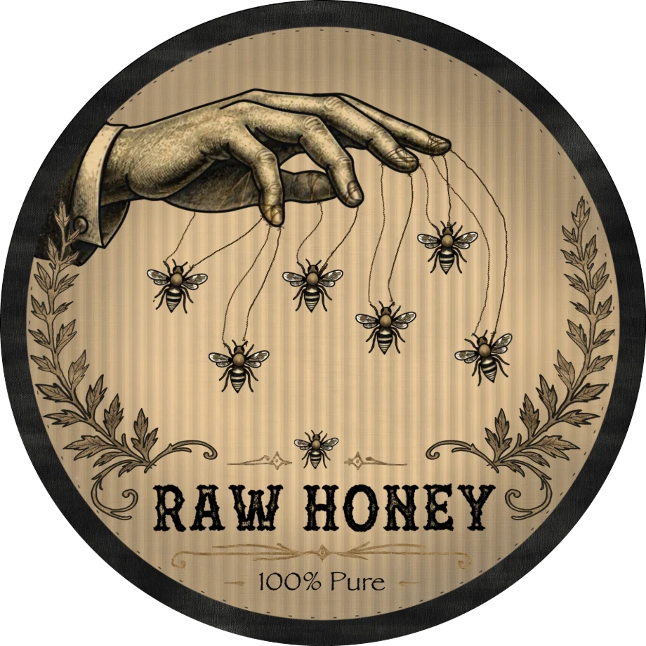 40 Acre Farm raw honey badge: a hand holding bees on strings like marionettes