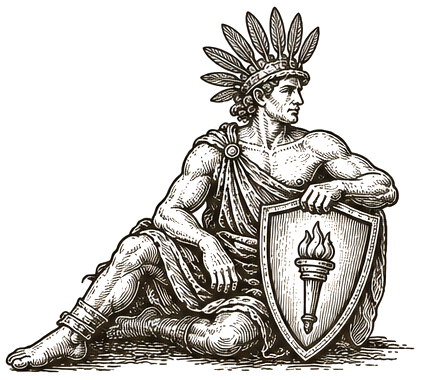 Seated figure wearing seven feathers
